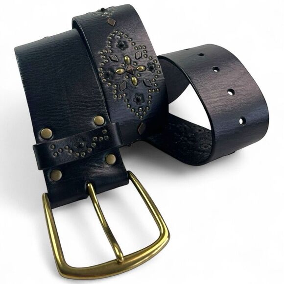 Linea Pelle Genuine Leather Studded Belt M Brass Buckle Wide Western Boho Chic